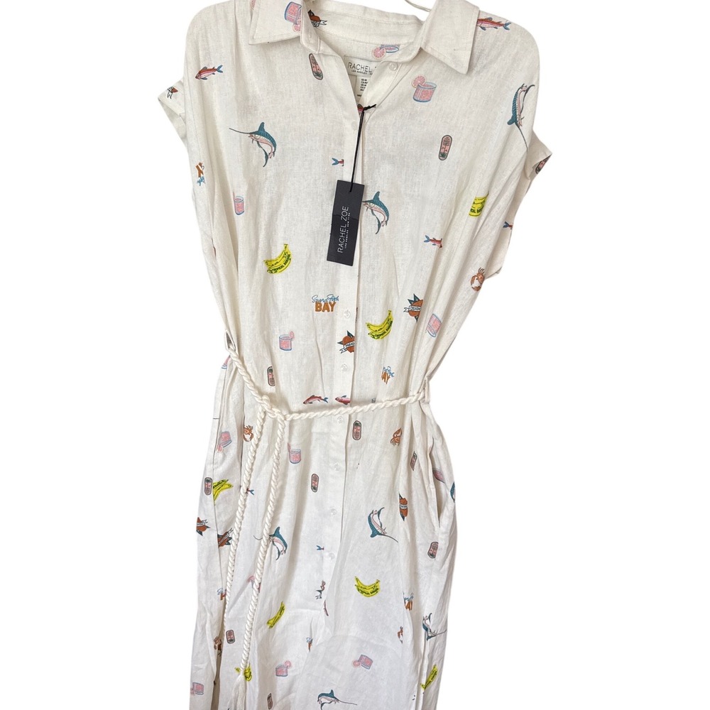 Rachel Zoe white shirt dress features whimsical fish, drinks, fruit linen M NWT
